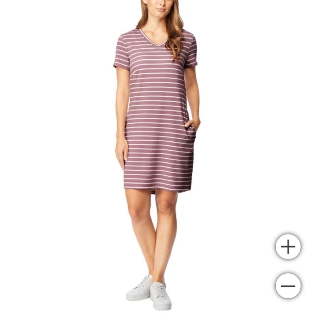 32 Degrees Striped Short Sleeve Dress NEW Purple XL Mauve V-neck Shirt Midi